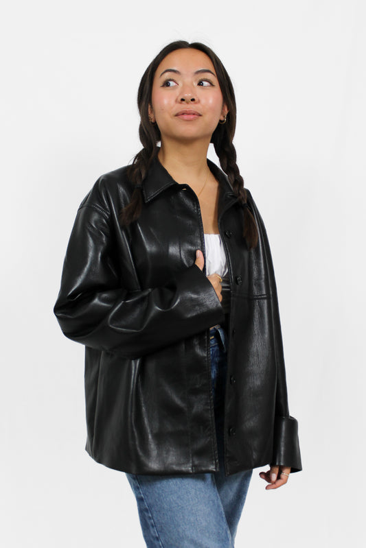 Black Leather Button-Down Jacket