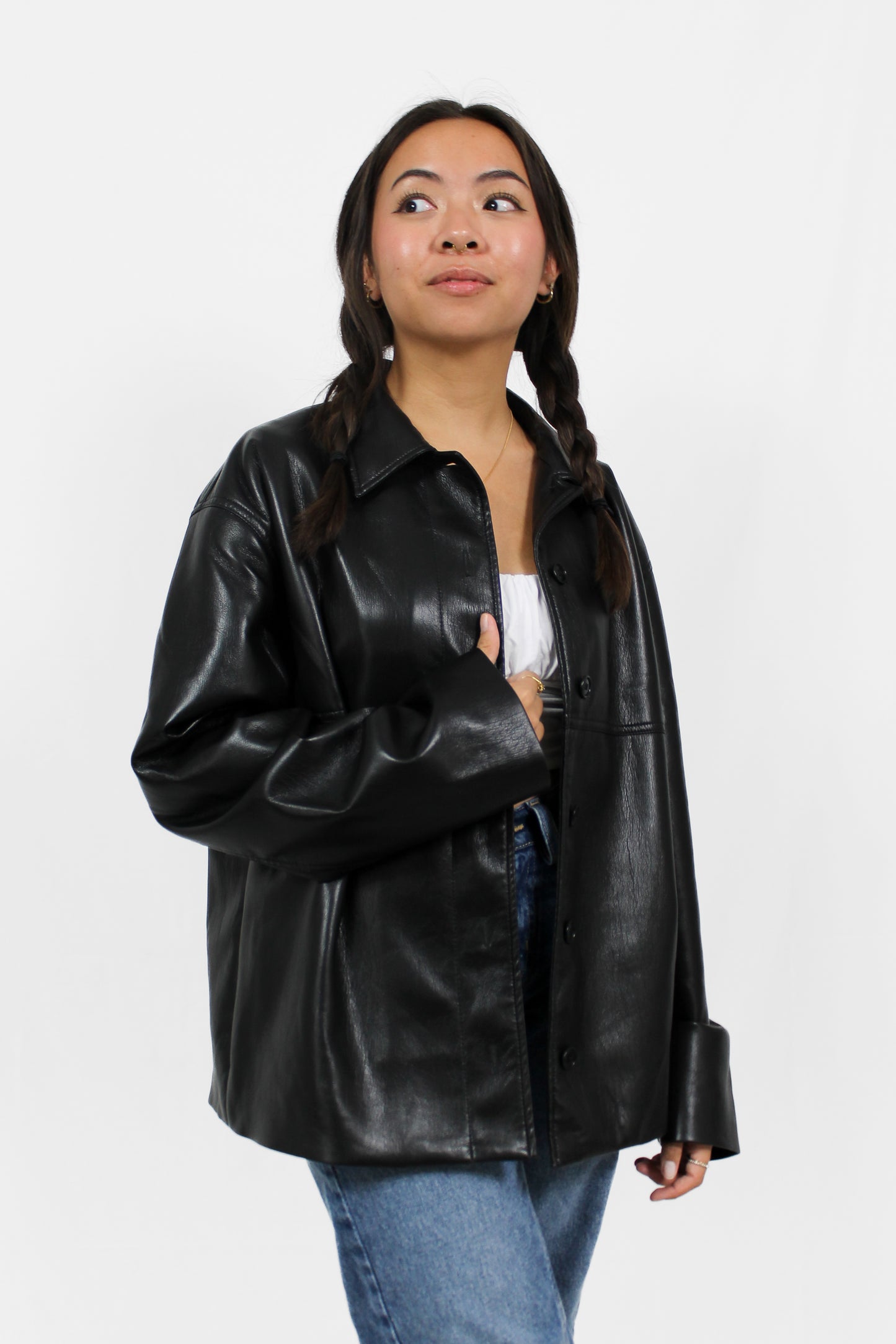 Black Leather Button-Down Jacket